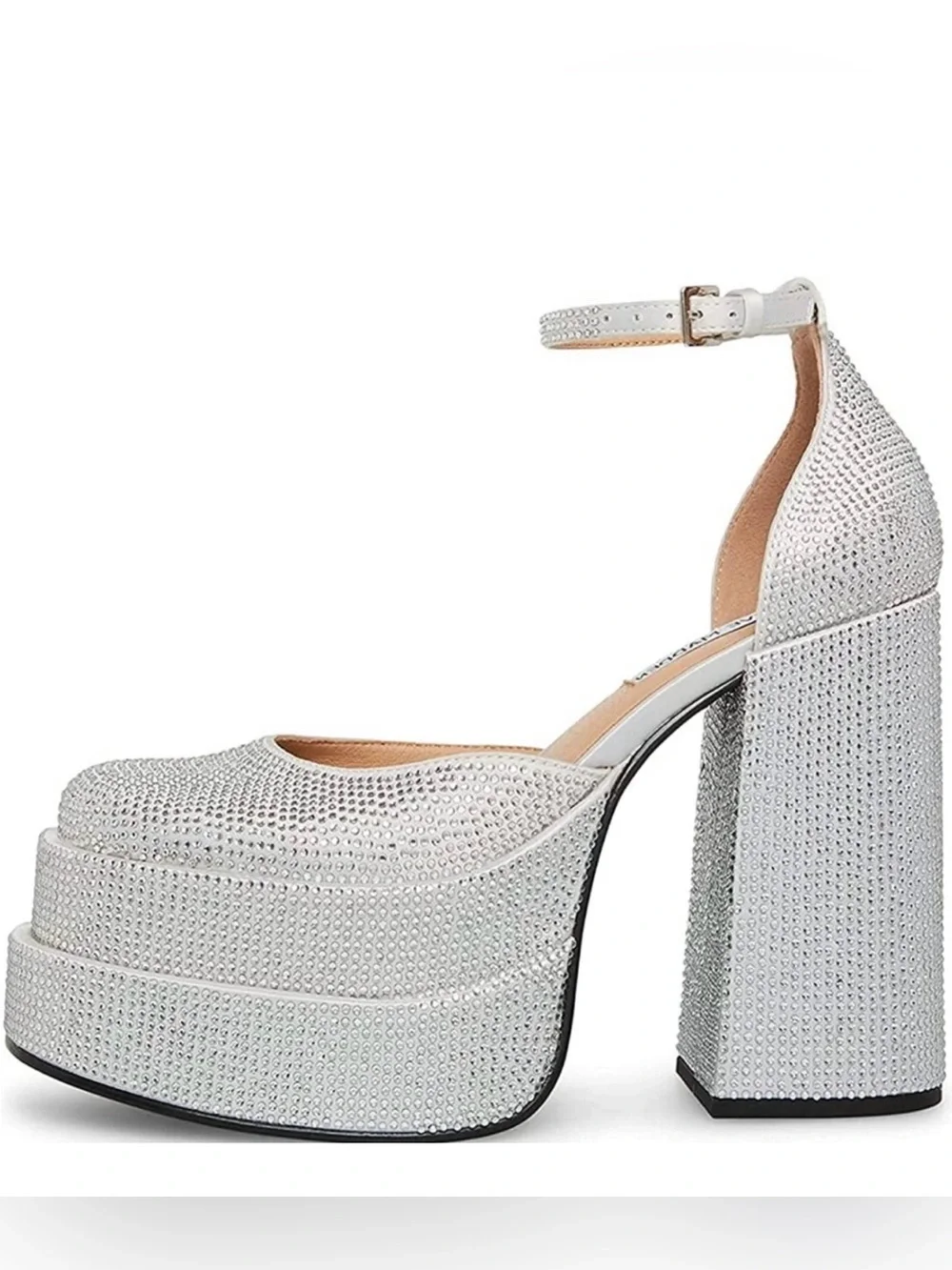 Steve Madden Silver Crystal Embellished Platform Heels with Ankle Strap